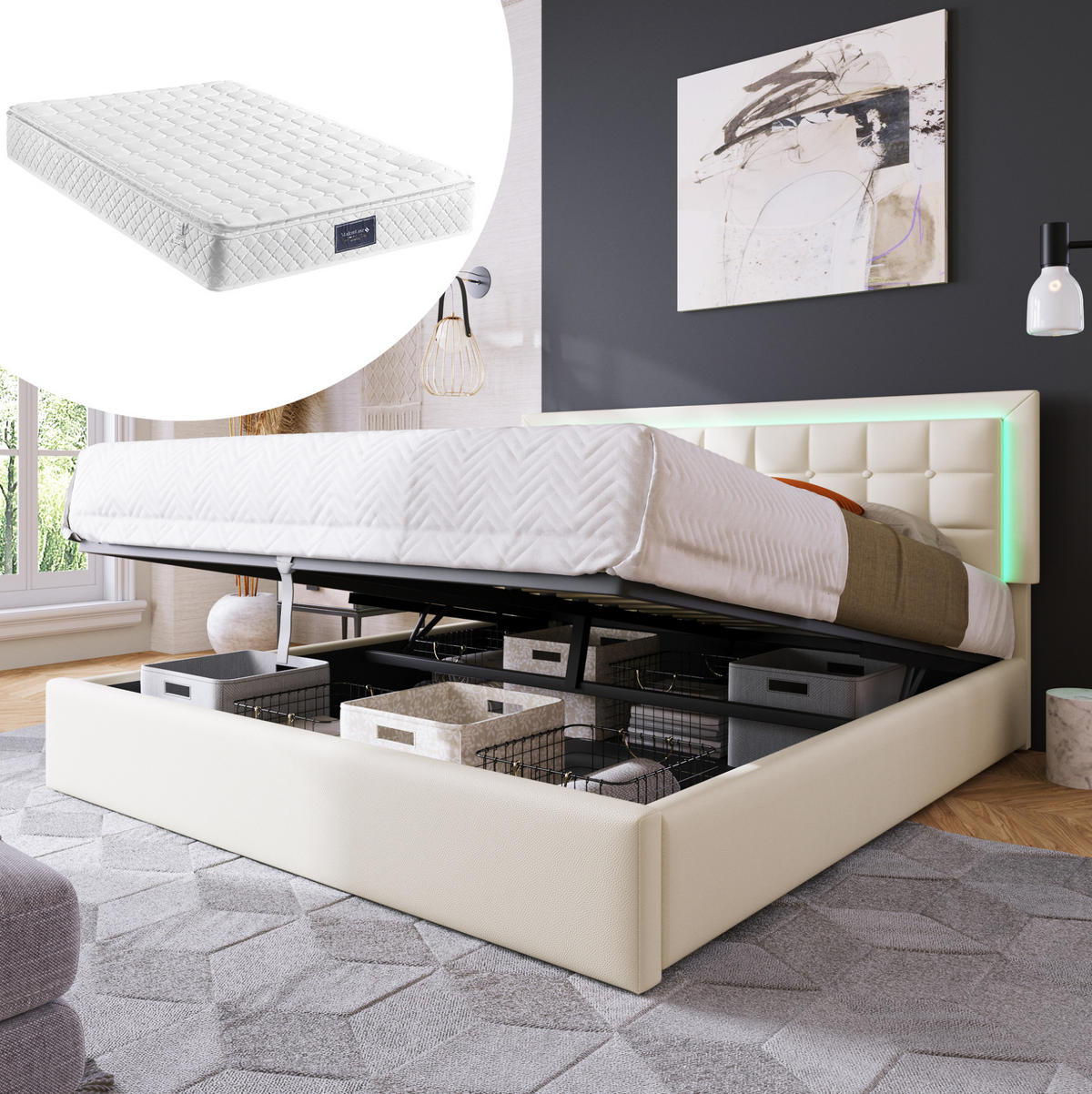 POLSTERBETT 140/200 cm mit Matratze LED-Beleuchtung, Bettkasten und Taschenfederkernmatratze, Weiß - Weiß, Kunststoff - Redom