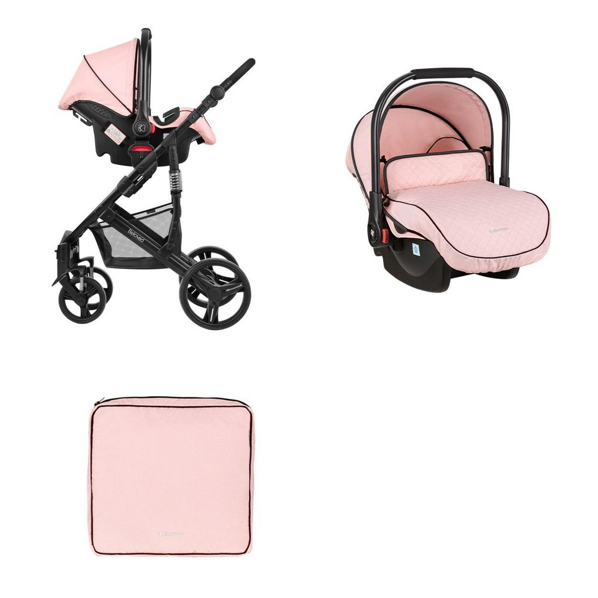 KOMBIKINDERWAGEN 3 in 1 Beloved pink Babywanne Autositz Wickeltasche faltbar - Pink, Metall (77/58.9/109cm) - Kikka boo