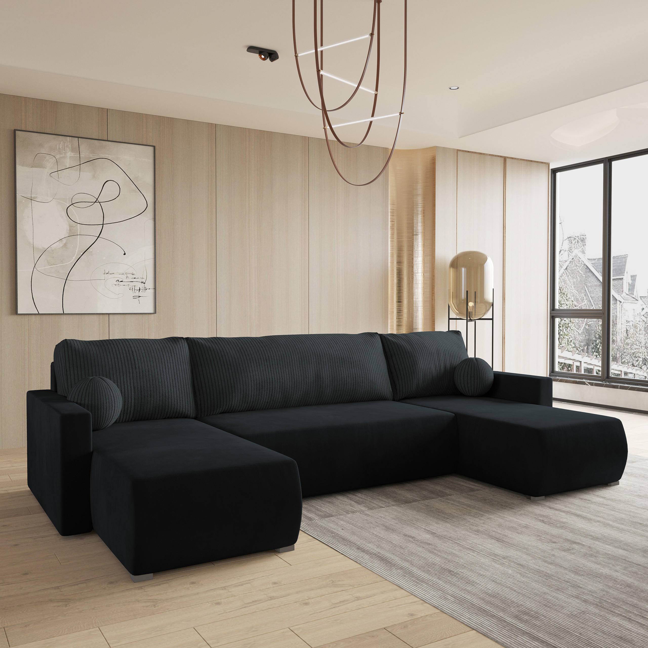 WOHNLANDSCHAFT TESSUN Schwarz Plüsch-Stoff mit Schlaffunktion - Schwarz, Holz (286/85/143cm) - MASSENO