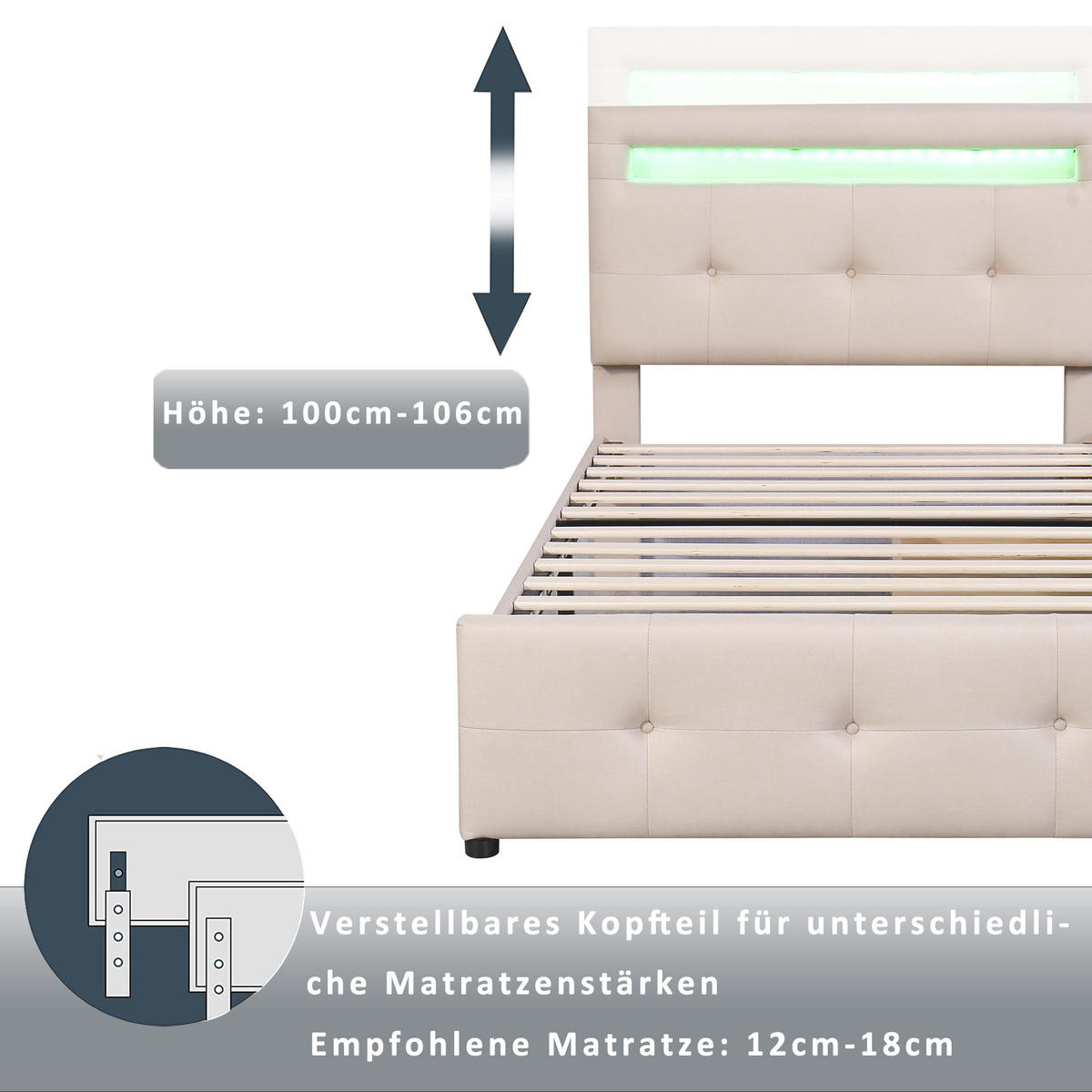 POLSTERBETT 90/200 cm Beige mit LED-Beleuchtung und 2 Schubladen - Beige, Textil (90/200cm) - Homcomodar