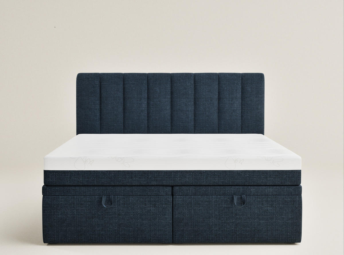 BOXBETT 180/200 cm Lovage M, in Marineblau, Matratze, gepolstertes Kopfteil, Bettkasten, H3 = fest - Schwarz/Dunkelblau, Holz/Holzwerkstoff (180/200cm) - Maison de Reve