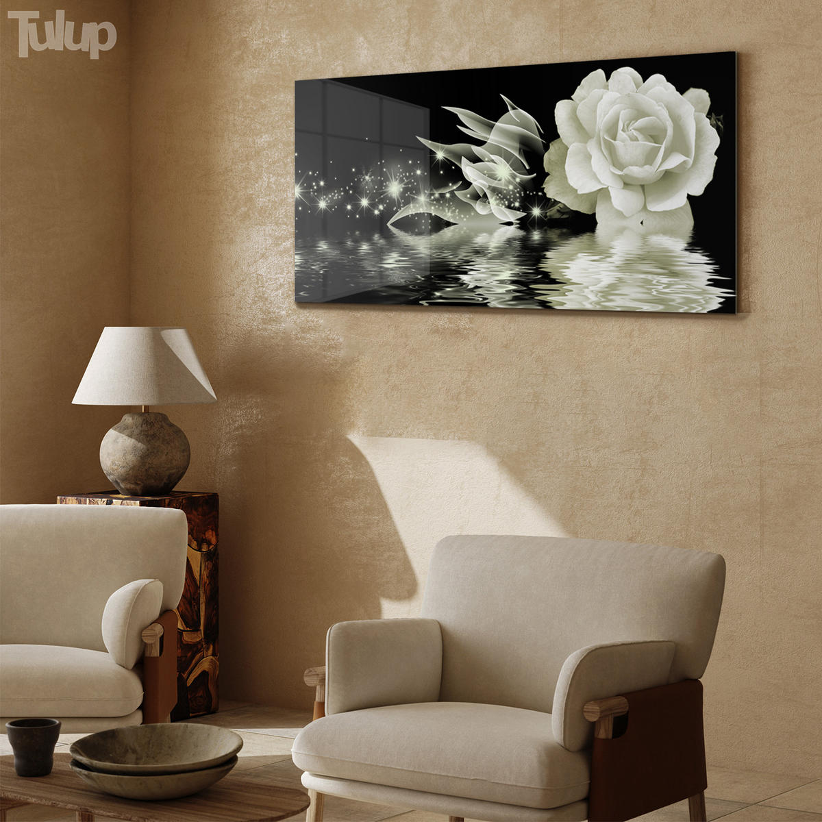 GLASBILD 120x60 cm Die Rose - Greige/Schwarz, Glas (120/60cm) - TULUP