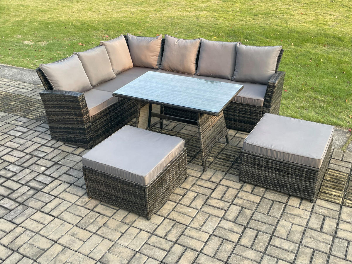 BALKONMÖBEL-SETS mit Ecksofa,Länglicher Esstisch,2 große Fußhocker Polyrattan Dunkelgrau 8-Sitzer - Dunkelgrau/Grau, Glas/Kunststoff - Fimous