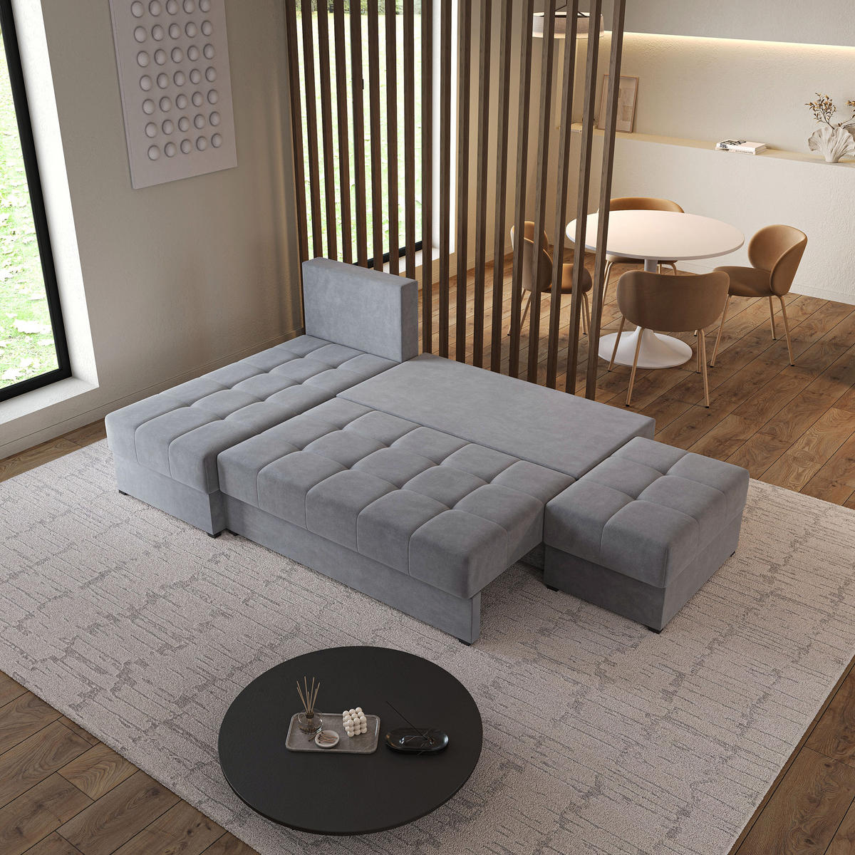 ECKSOFA NORVI Grau Plüsch-Stoff mit Schlaffunktion - Grau, Holz (251/143cm) - MASSENO