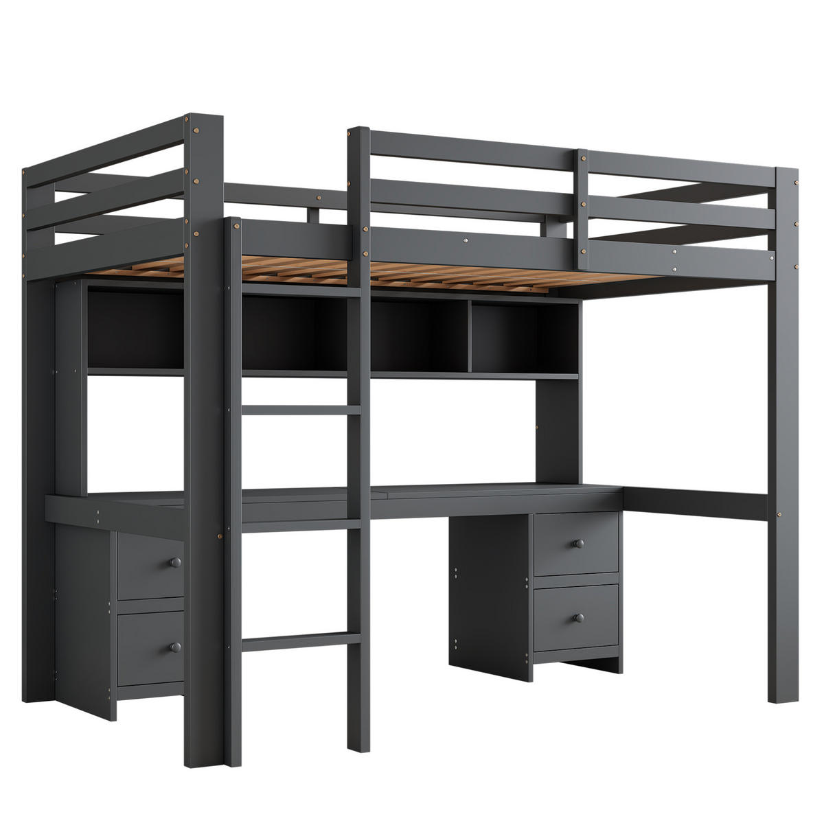 HOCHBETT 90/200 cm Grau aus Kiefernholz und MDF mit Schreibtisch und Stauraum - Grau, Holz (90/200cm) - OKMYHOME