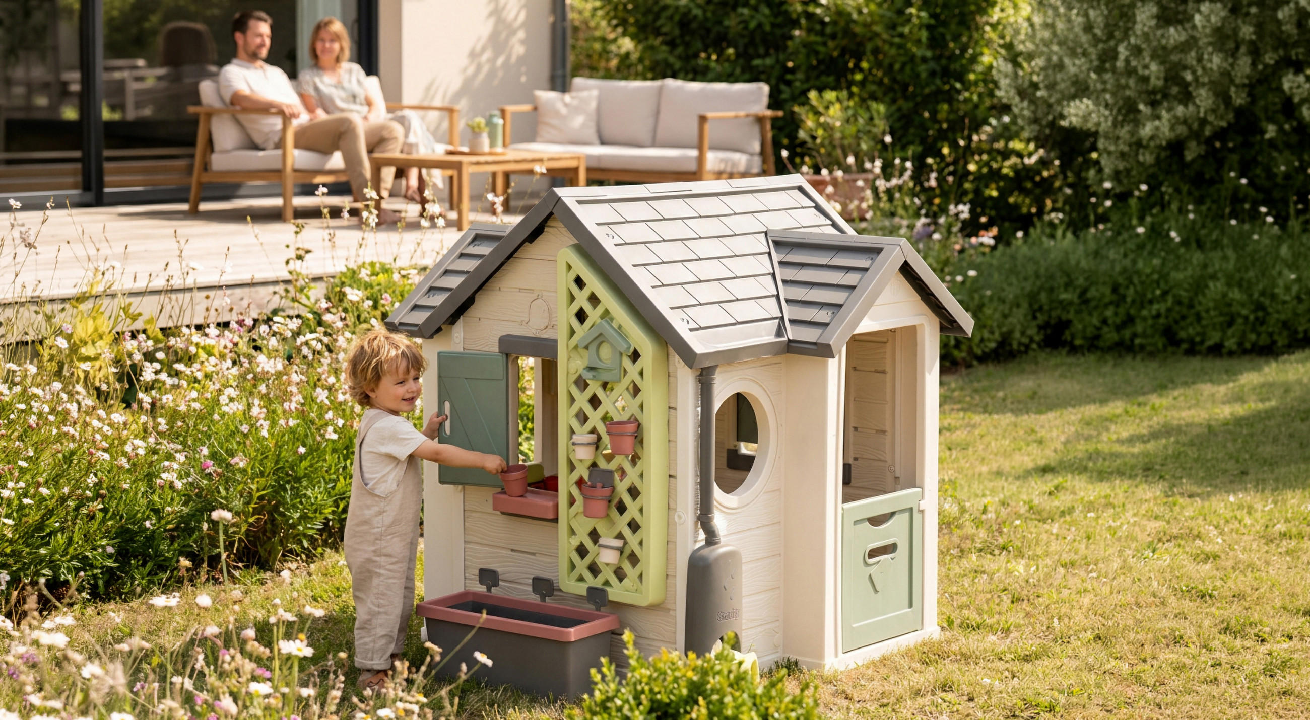 Kleinkind steht vor einem kleinen Spielhaus im Garten und öffnet ein Fenster.