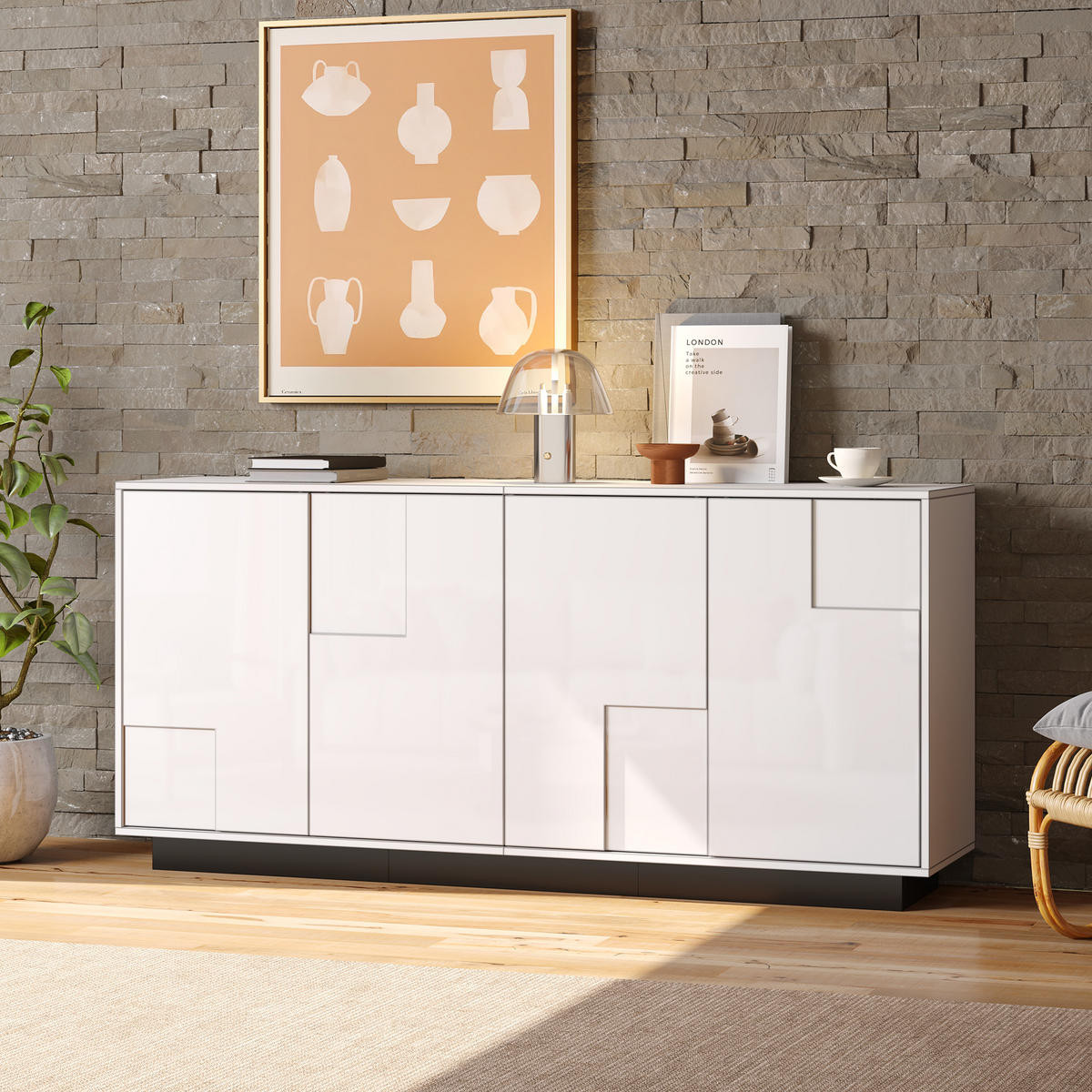 SIDEBOARD Weiß/Schwarz 160/37/75,5 cm - Weiß, Holzwerkstoff (160/75.5/37cm) - PANGIVO