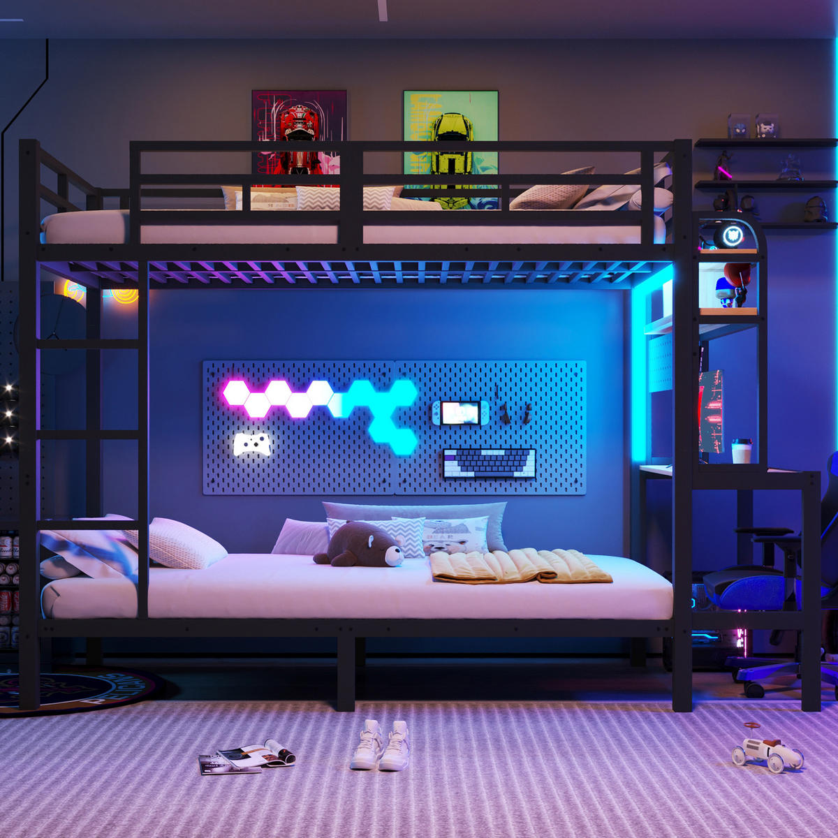 ETAGENBETT 90/200 cm mit LED-Lichtleiste, USB-Anschluss und Schreibtisch - Schwarz, Metall (90/200cm) - MIVRAY