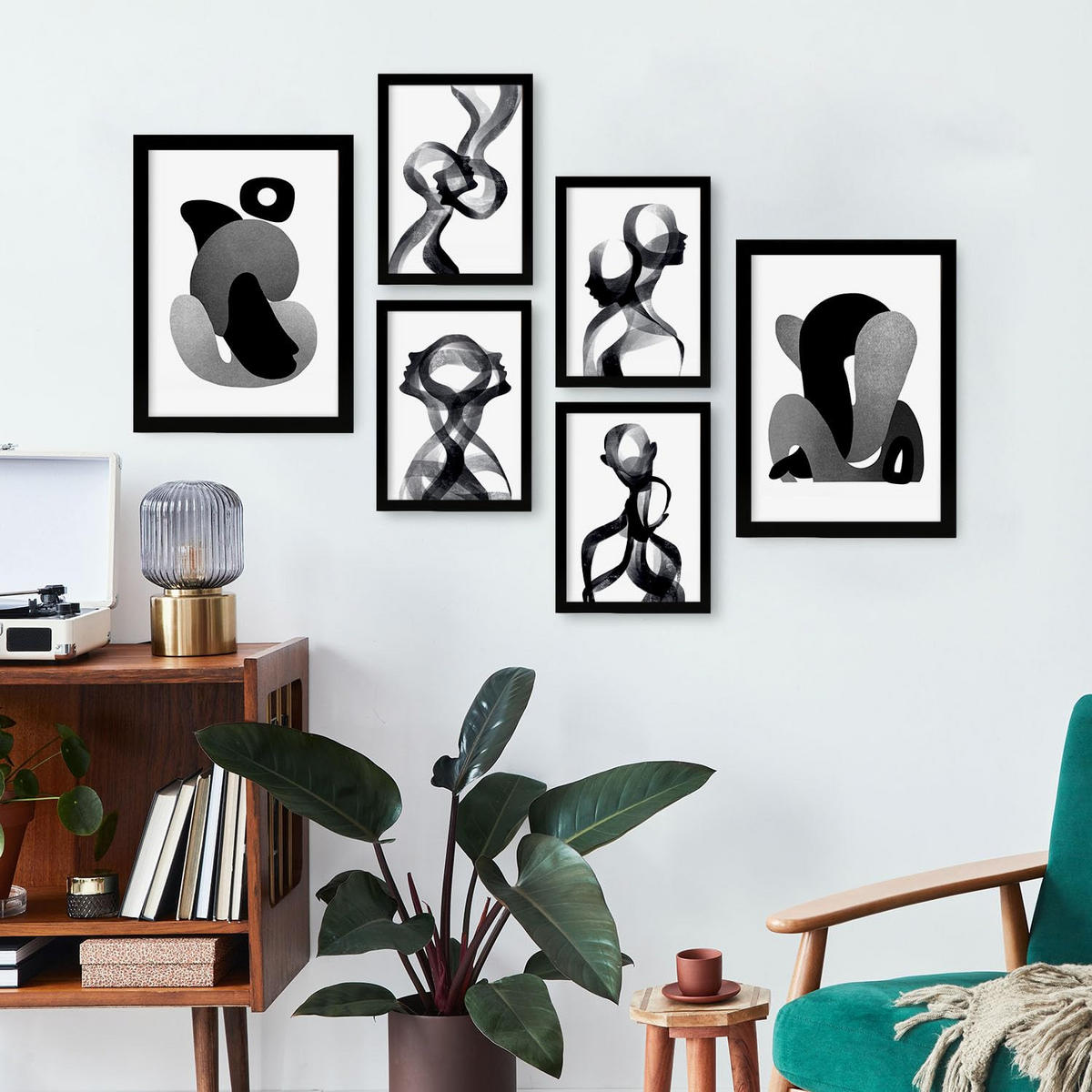 POSTER Set Mit 6 Bent Body Abstrakte Liebhaber Größe A3 & A4 Schwarzer Rahmen - Schwarz, Papier (29.7/1cm) - Nacnic