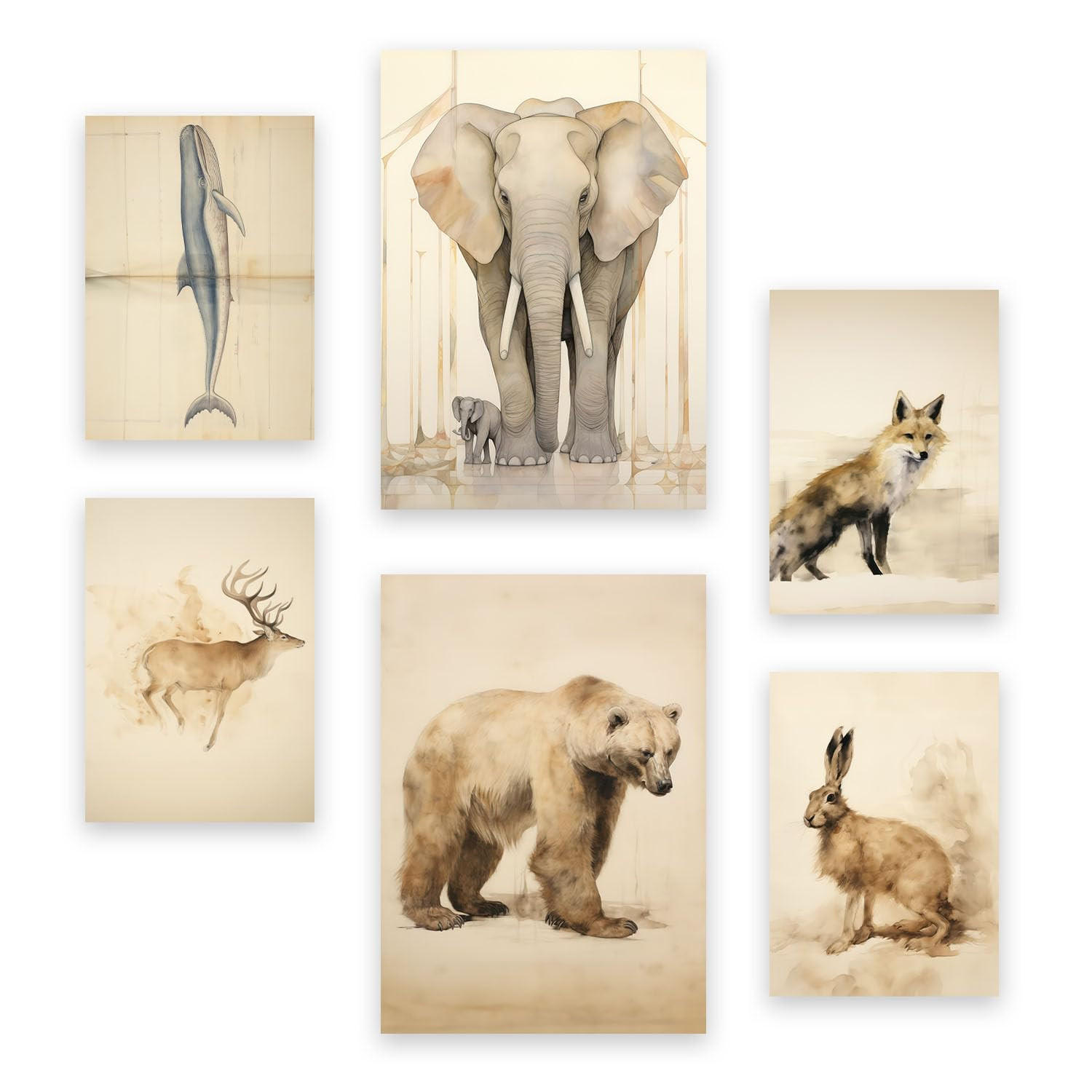 POSTER Set Mit 6 Tiere Vintage A3 & A4 Rahmenlos - Klar, Papier (29/3cm) - Nacnic