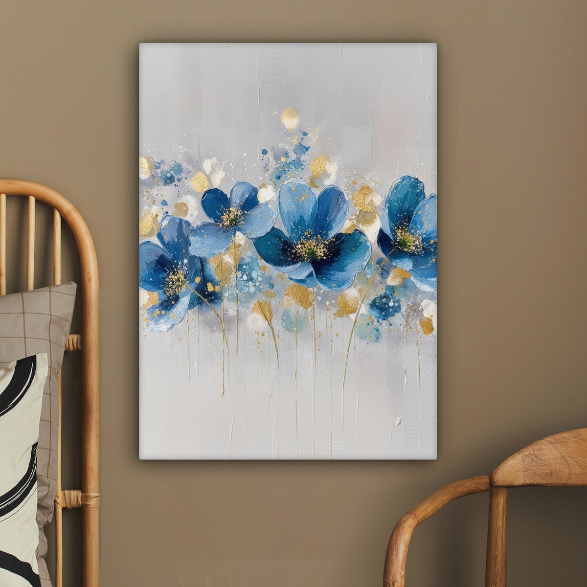 LEINWANDBILD Blumen - Blau - Abstrakt Wandbild Wohnzimmer 60x80 cm - Hellgrau, Textil (60/80cm) - MuchoWow