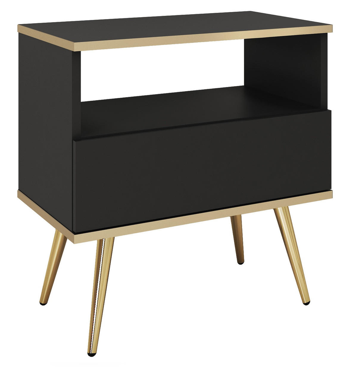 NACHTTISCH 54 cm Rodi mit Schublade auf Beinen, Schwarz + Gold - Goldfarben/Schwarz, Holz (54/59/39cm) - Emporius