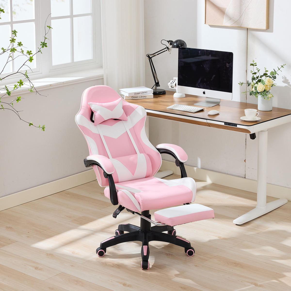 DREHSTUHL B64 / T58 / H116.5-126 cm,, ergonomisch gepolstert, drehbar mit Fußstütze, Weiß und Rosa - Pink, Kunststoff (58/116.5/64.5cm) - Redom