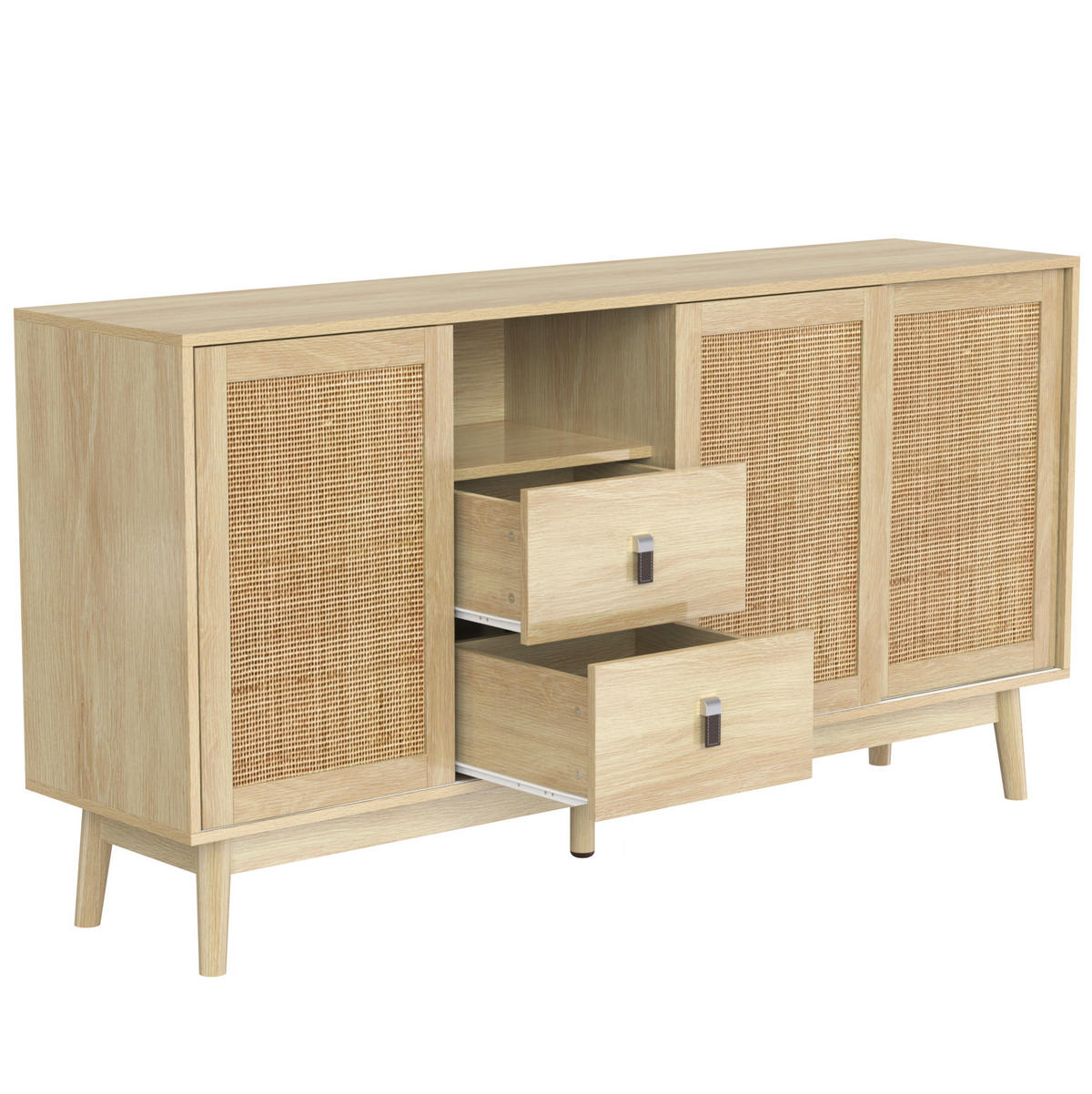 SIDEBOARD 155/38/80 cm mit 3 Schiebetüren, Rattan-Fronten & 2 Schubladen - Naturfarben, Holzwerkstoff (155/80/38cm) - BEAOK