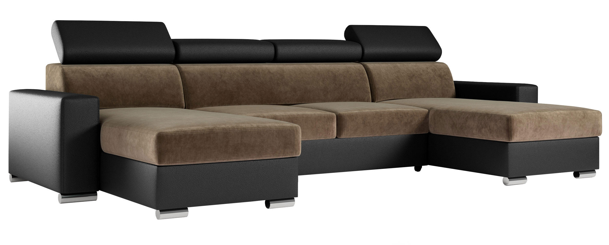WOHNLANDSCHAFT FOX U Braun/Schwarz - Velvet/Kunstleder - Silberfarben/Schwarz, Kunststoff/Textil (306/98/168cm) - MKS