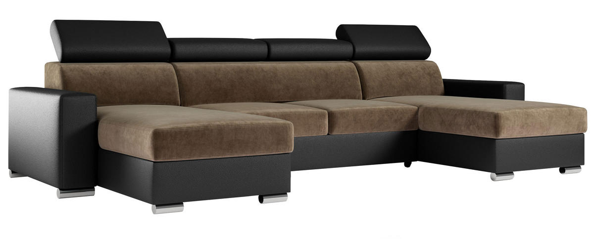 WOHNLANDSCHAFT FOX U Braun/Schwarz - Velvet/Kunstleder - Silberfarben/Schwarz, Kunststoff/Textil (306/98/168cm) - MKS