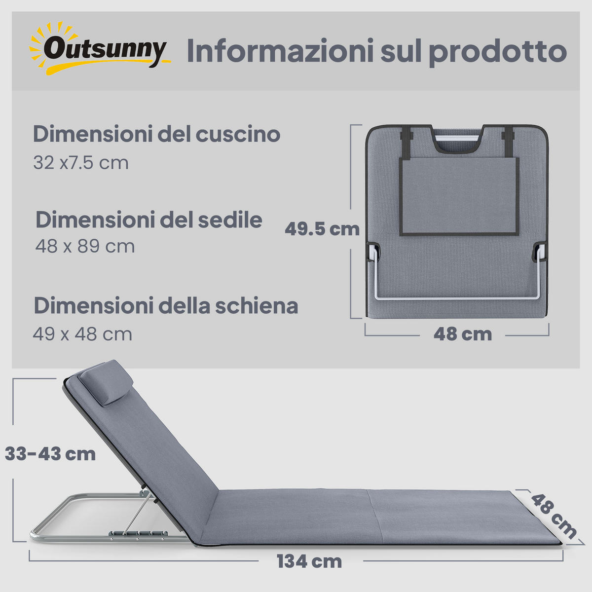 SONNENLIEGE 2er-Set Strandstühle mit 5-fach verstellbarer Rückenlehne Kopfstütze und Reisetasche 134x48x33–43 cm ,Grau - Grau, Metall (48/43/134cm) - Vallsero