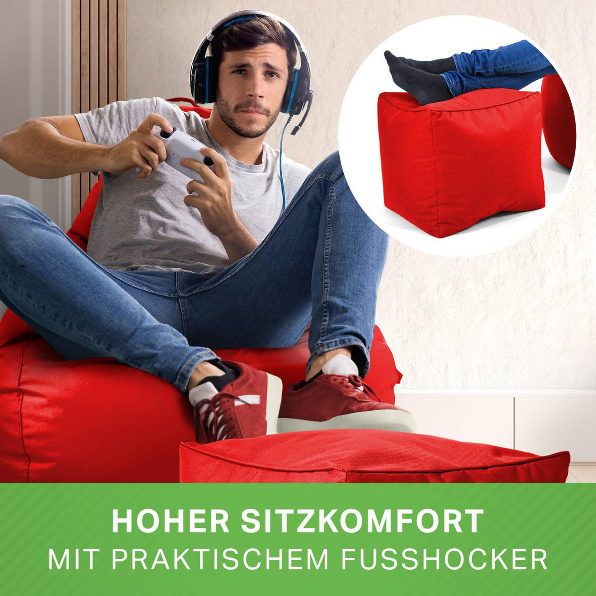 SITZSACK + Hocker "Cozy+Cube" 2er Set - Rot, Textil (70/90/80cm) - Green Bean