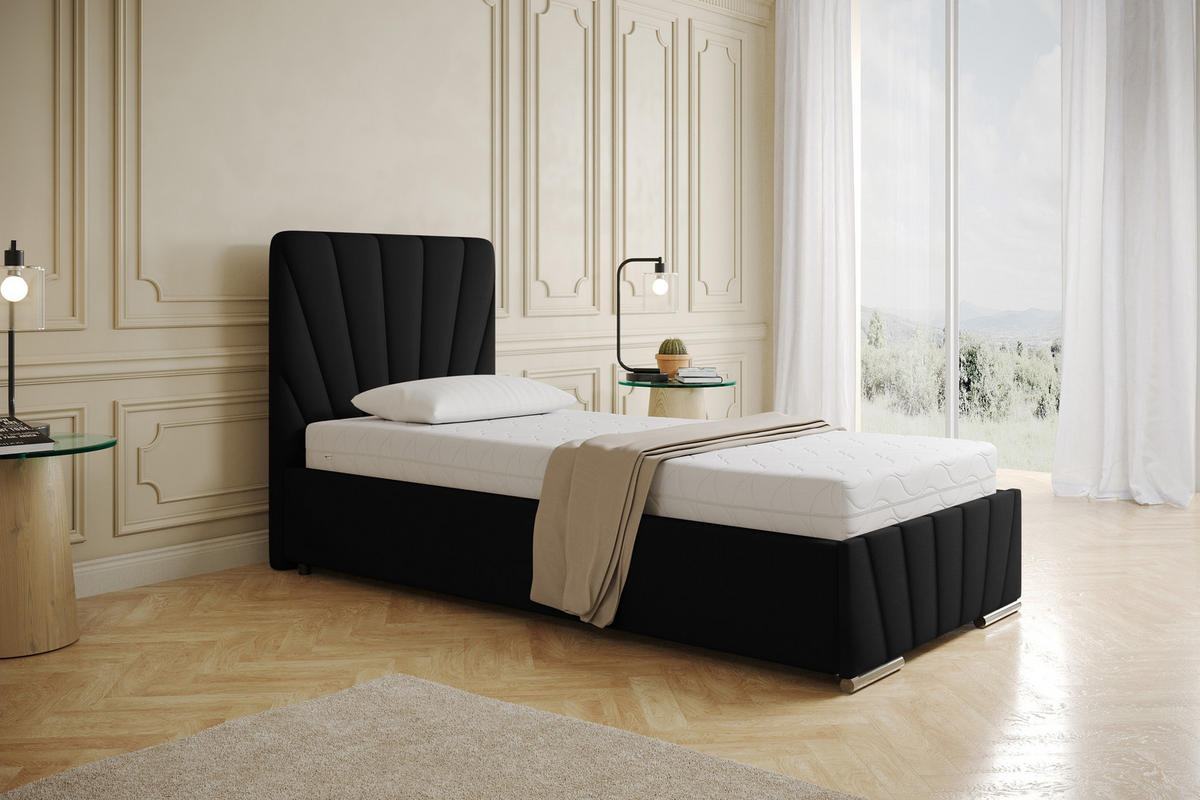 POLSTERBETT Ray 90 x 200 cm mit Bettkasten, Lattenrost und Taschenfederkernmatratze Pocket mit Kokosmatte - Schwarz - Schwarz, Holz (90/200cm) - Panda Möbel