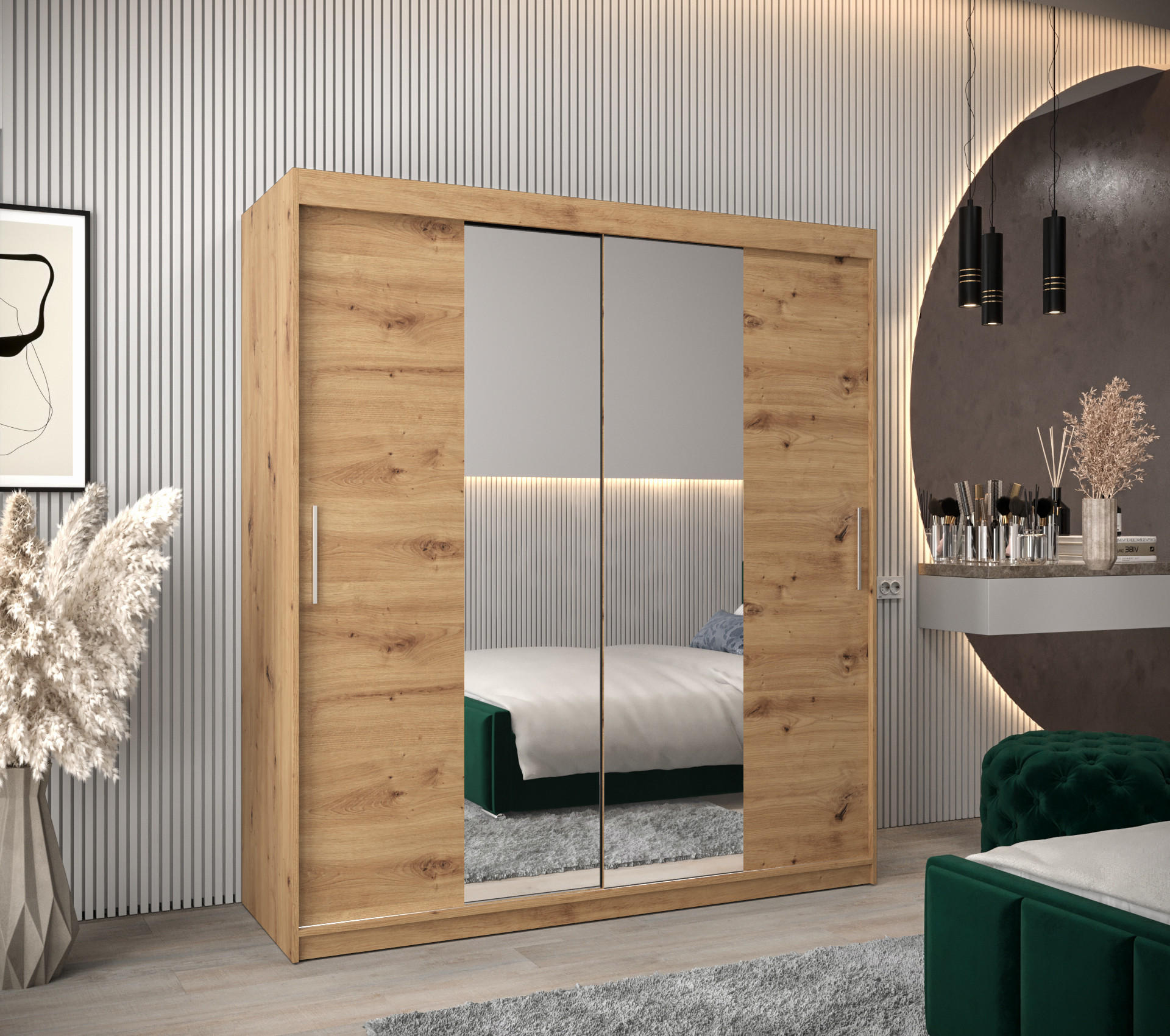 SCHWEBETÜRENSCHRANK 200/180/62 2-türig - Silberfarben/Eiche Artisan, Holz/Kunststoff (180/200/62cm) - MÖBEL KRYSPOL