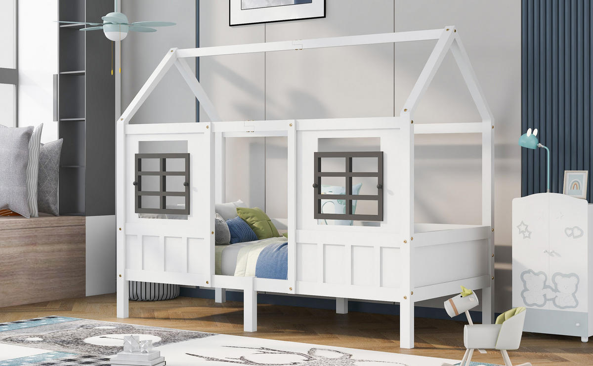 HAUSBETT 90/200 cm Weiß mit Fenstern und 2 Schubladen aus Kiefer und MDF - Weiß, Holz (90/200cm) - OKWISH