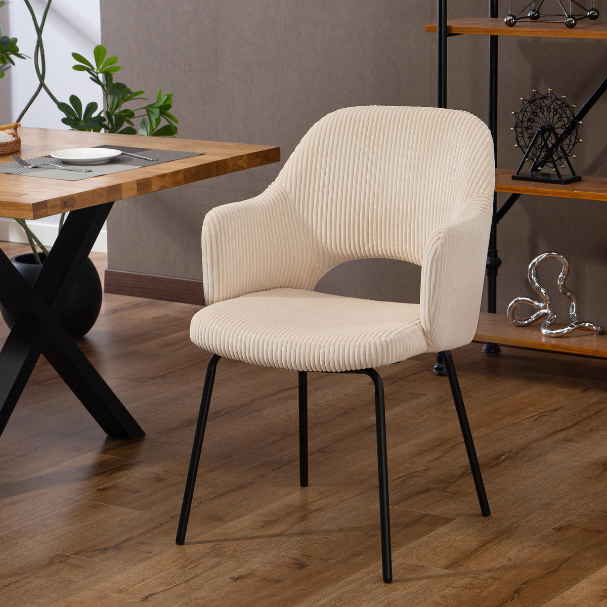 ESSZIMMERSTUHL mit Armlehne Rückenlehne gepolsterte Sitzfäche Beige - Beige/Schwarz, Textil/Metall (57/85.5/62.5cm) - HOMCOM