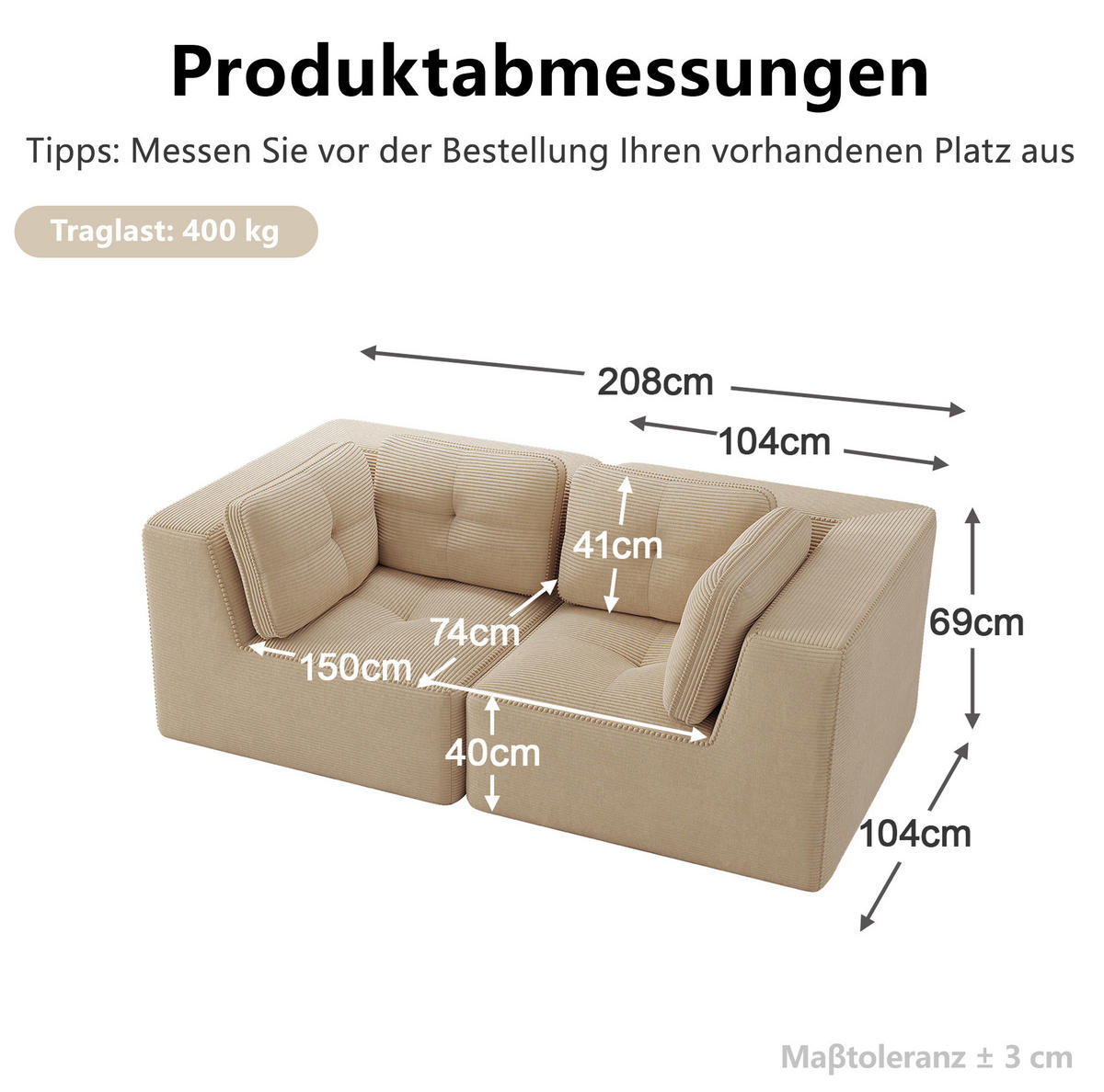 SOFA 208/104/69 cm in Beige aus Cord mit modularem Design - Beige, Textil (104/69/208cm) - Flora Grace