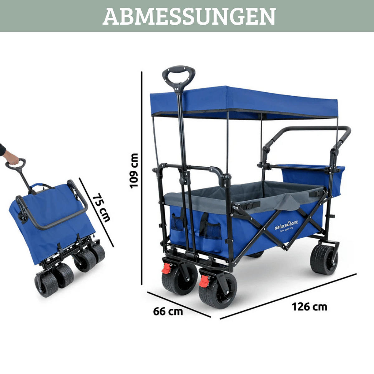 BOLLERWAGEN faltbar mit Dach KILI Extra Breite Reifen Blau - Blau, Metall (126/109/66cm) - DELUKE