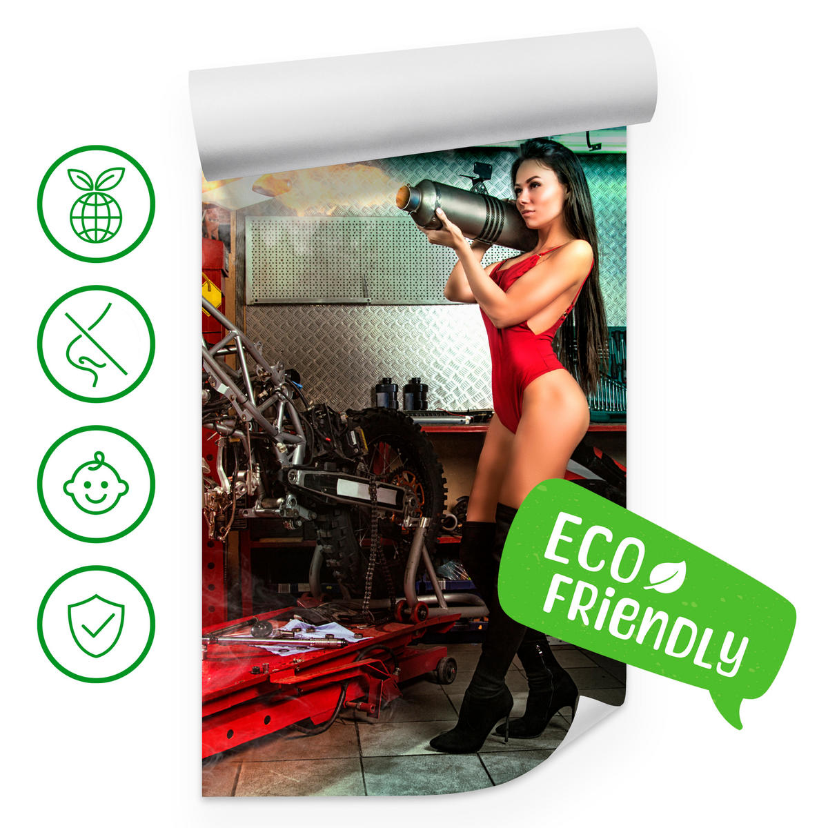 FOTOTAPETE Frau mit Brenner Garage Motorräder Werkzeuge 500x350 - Beige/Rot, Papier (500/350cm) - Muralo