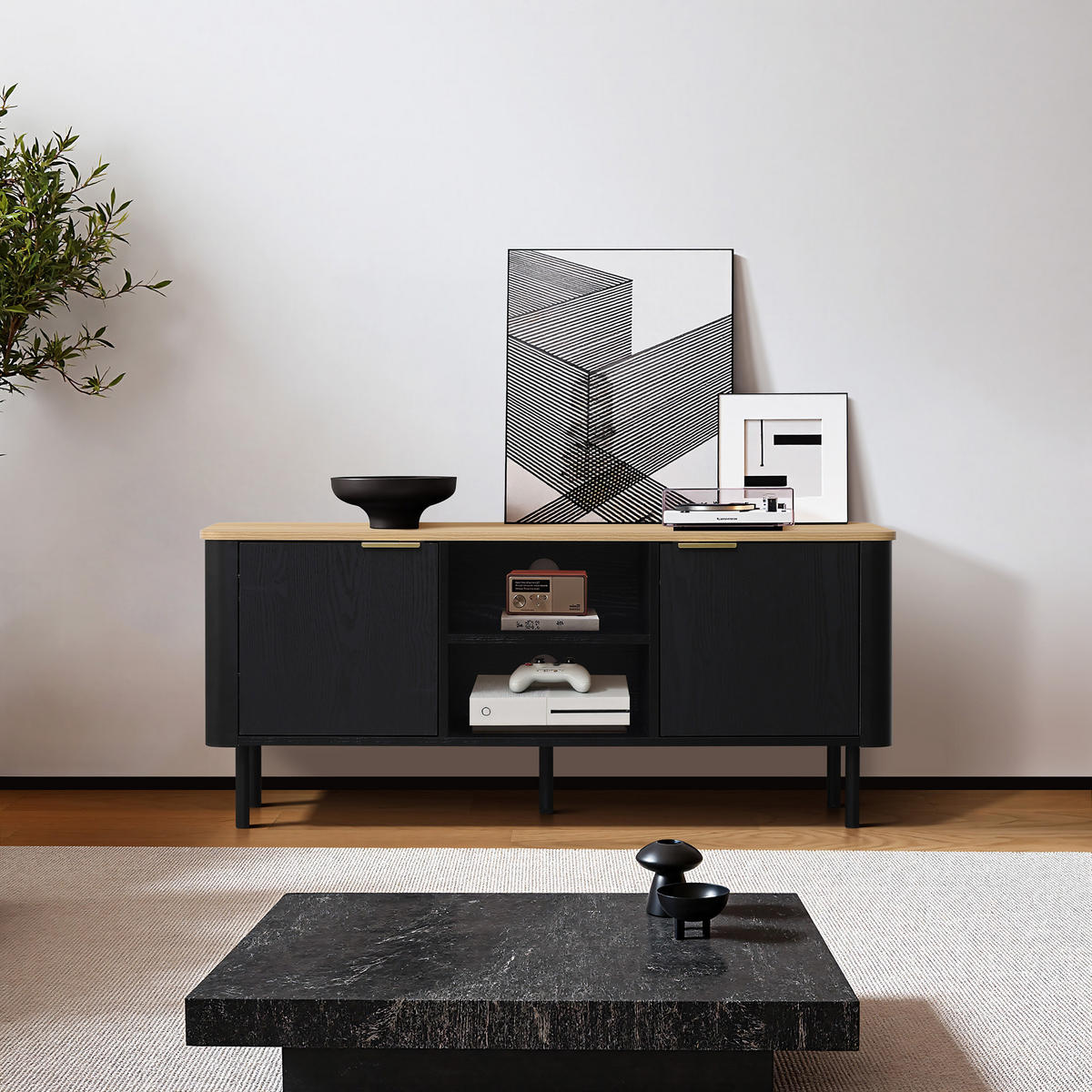 LOWBOARD TV-Schrank Modern, Schwarz & Holz | B120 x T40 x H52 cm - Schwarz, Holzwerkstoff (120/52/40cm) - Hometopia