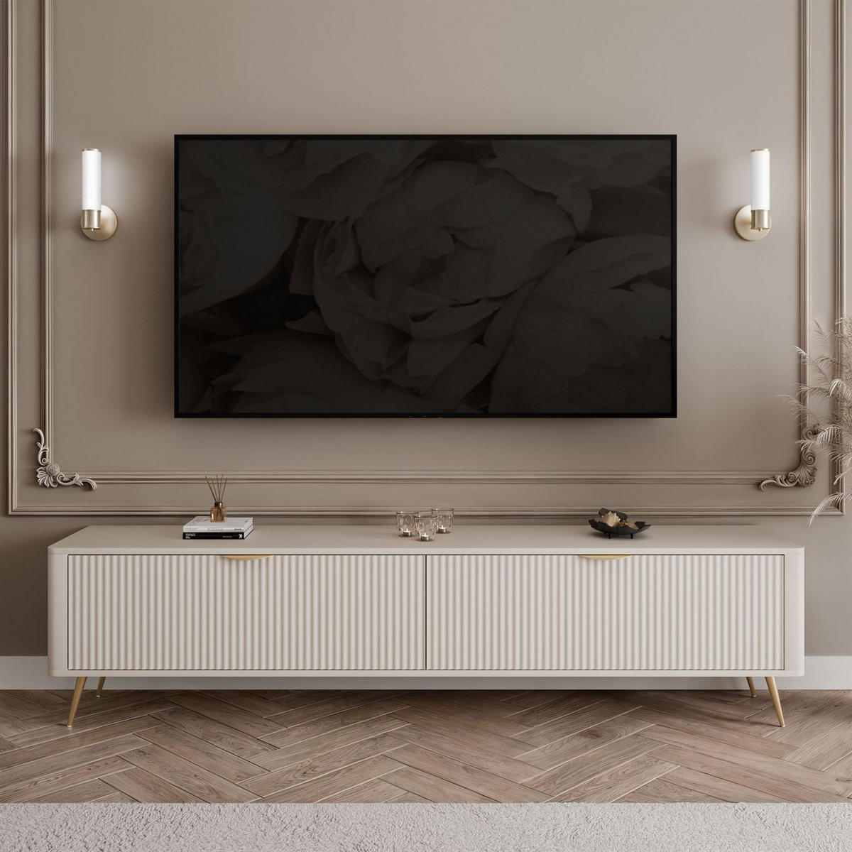 TV-ELEMENT SCARLETT 2D 200 CM AUF BEINEN BEIGE + GOLD - Beige, Holzwerkstoff (200/51/38cm) - Lookway