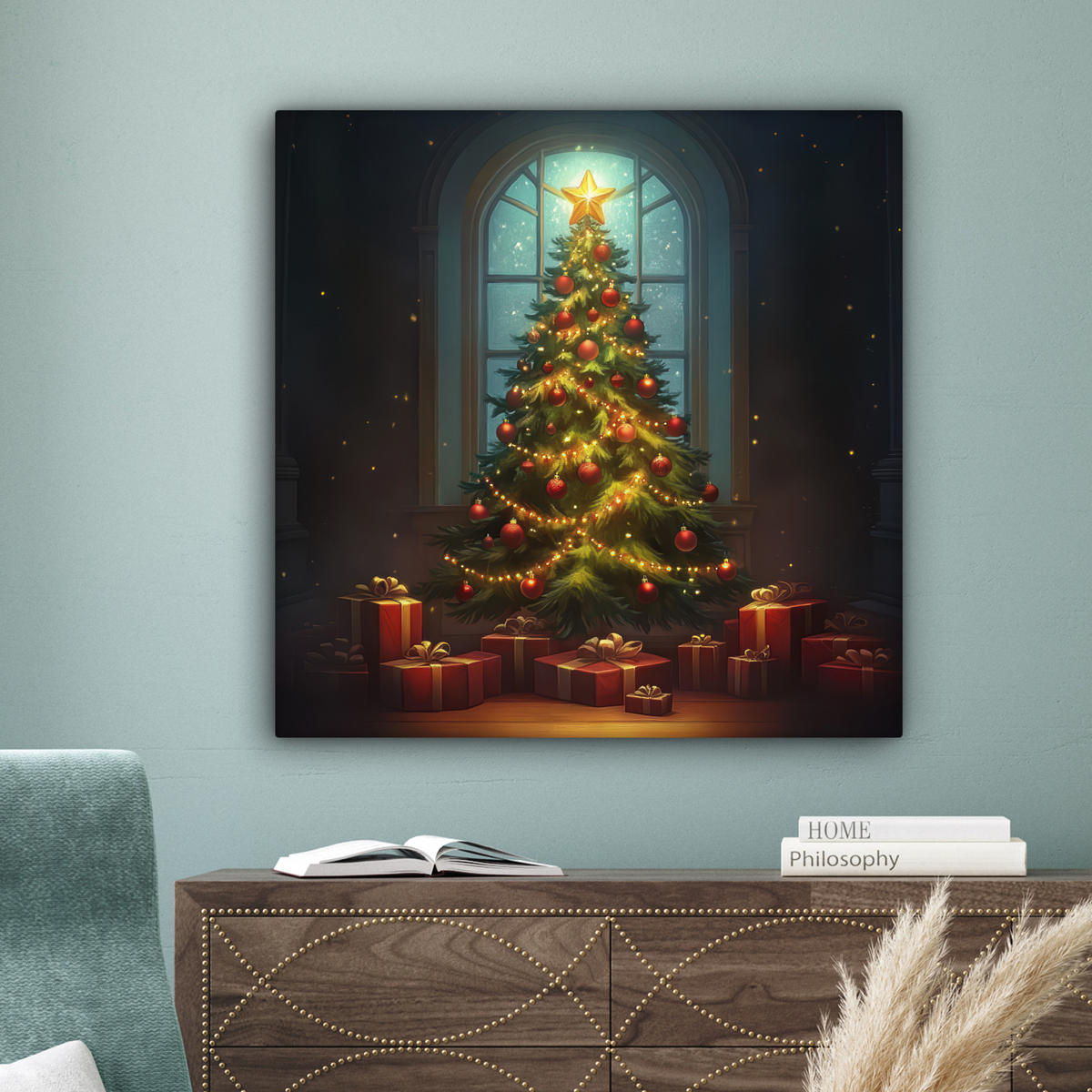 LEINWANDBILD Weihnachtsbaum - Geschenk - Winter Deko Groß 90x90 cm - Grün, Textil (90/90cm) - MuchoWow