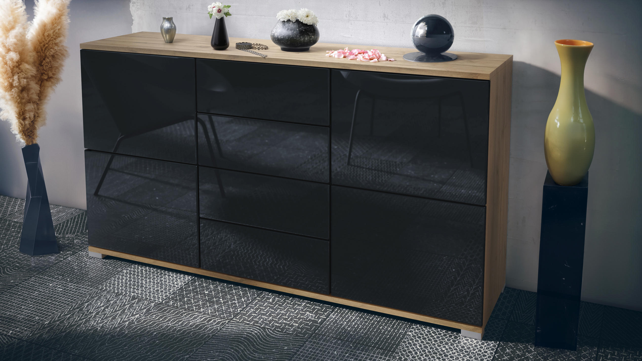 SIDEBOARD Rova Schwarz Hochglanz - Schwarz Hochglanz, Holzwerkstoff (138.5/75.5/35cm) - Vladon