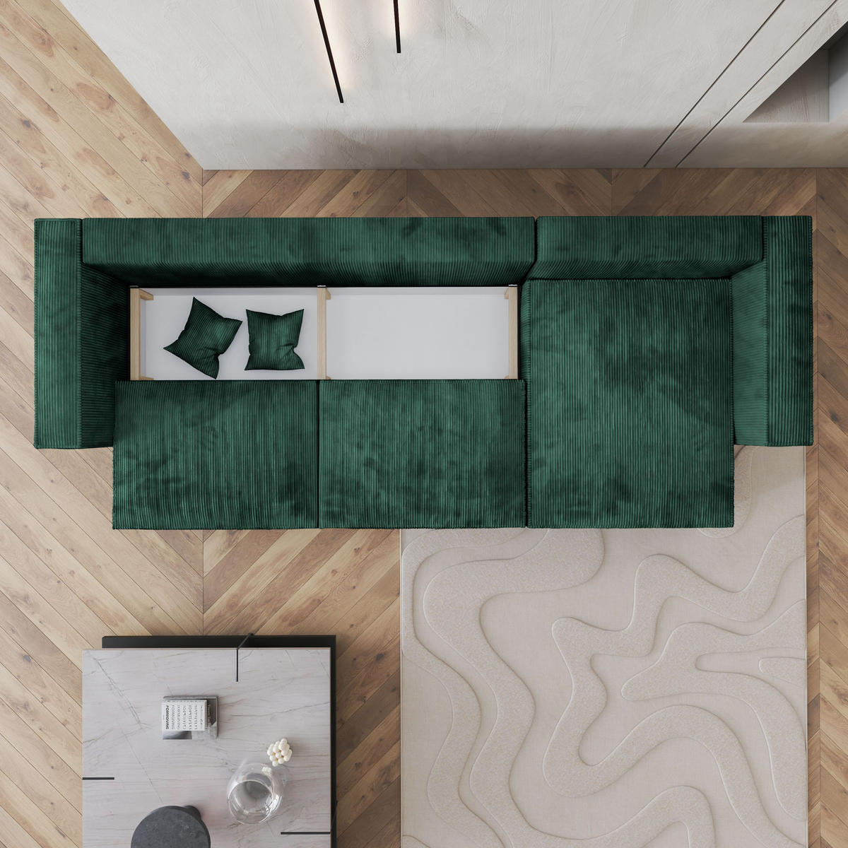 ECKSOFA TOLMO P Grün Kordstoff mit Schlaffunktion - Grün, Holz (347/148cm) - MASSENO