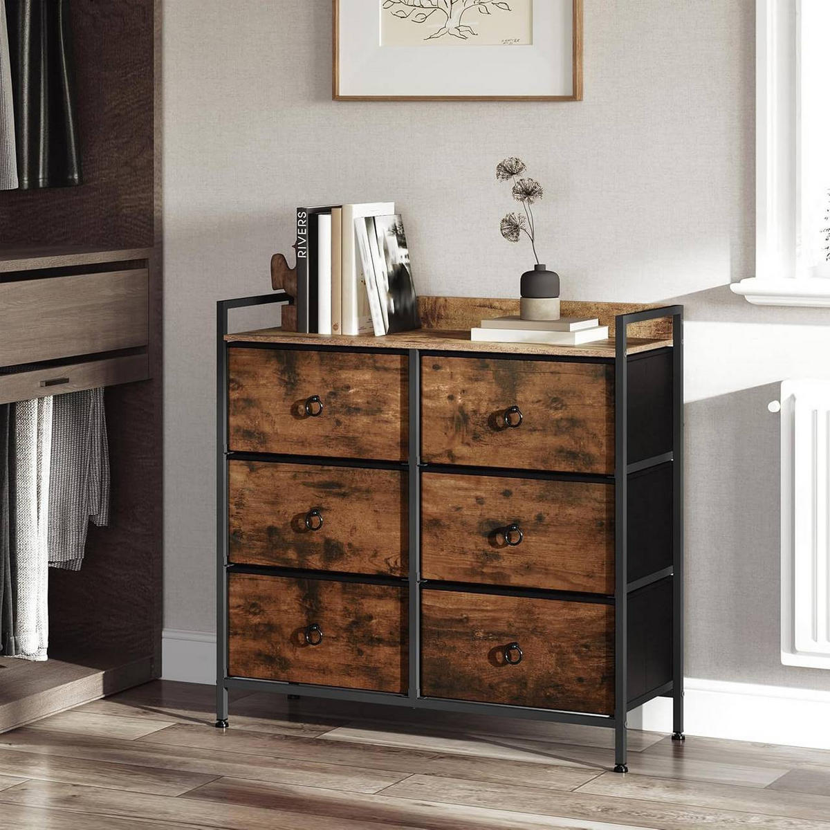 KOMMODE mit 6 Schubladen, Industrial Stil, Vintagebraun - Dunkelbraun/Schwarz, Holzwerkstoff/Kunststoff (80/78/29cm) - Woltu