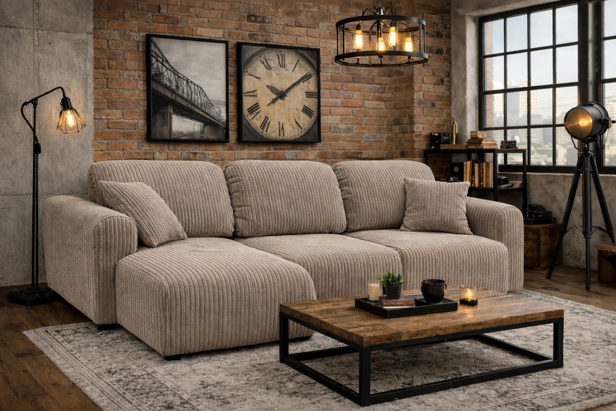 ECKSOFA Mit Schlaffunktion Und Bettkasten, Sofa L-Form Bingo L, Cordstoff Poso, Dunkelbeige, Links - Beige, Holz (250/142cm) - Kaiser Möbel