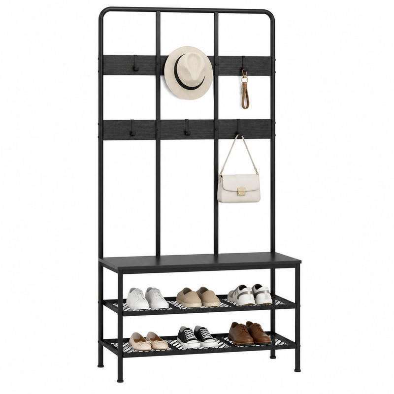 GARDEROBENSTÄNDER 3-in-1 mit Sitzbank und Schuhregal Metall Schwarz - Schwarz, Metall (36/180/91cm) - Beauniv