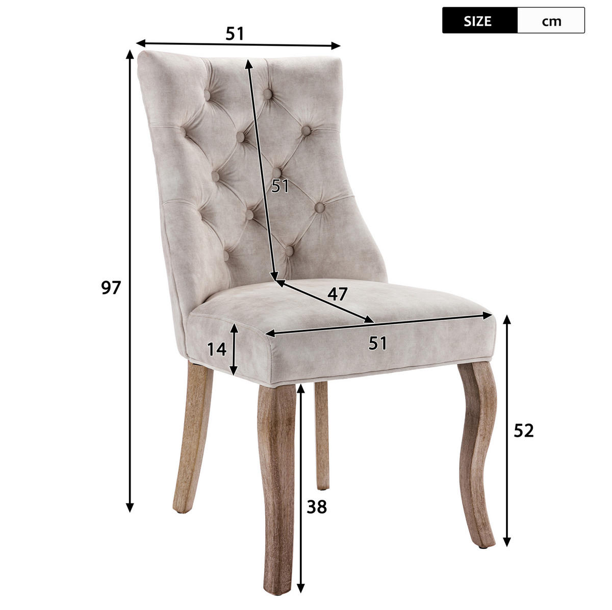 ESSZIMMERSTUHL 4er-Set Samt mit Knopfsteppung ca. 51 cm hellbeige - Beige, Holz (51/97/51.2cm) - Meubliv
