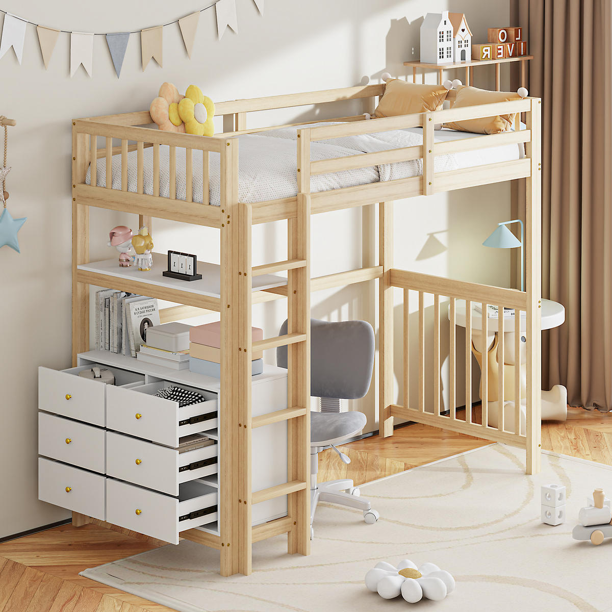 HOCHBETT 90/200 cm mit vertikaler Sicherheitsleiter und Schubladen - Naturfarben, Holz (90/200cm) - OKWISH