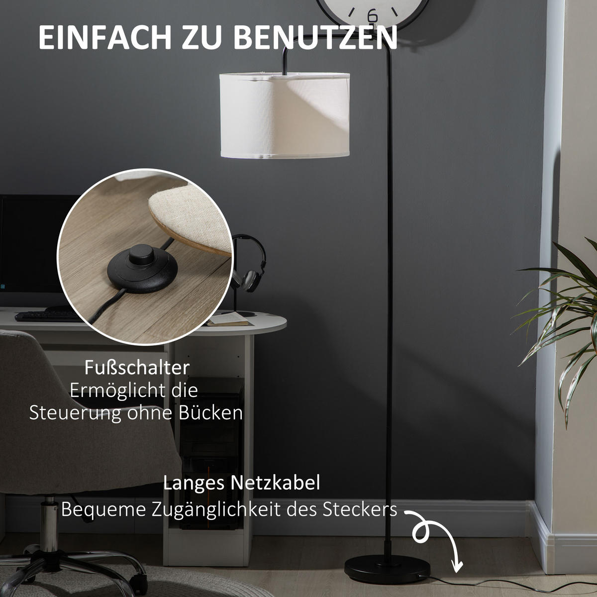 STEHLAMPE Wohnzimmer Stehleuchte mit Stoff-Lampenschirm, Fußschalter, Weiß - Weiß, Metall (64/38/163.5cm) - HOMCOM