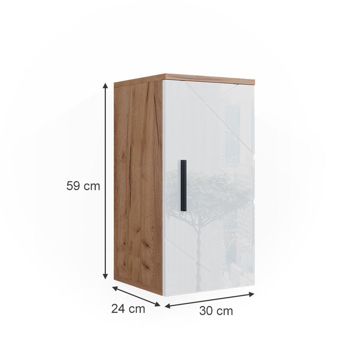 HÄNGESCHRANK Irma, Eiche/Weiß Hochglanz, 30 x 59 cm mit Regal - Honigeiche/Weiß Hochglanz, Holzwerkstoff (30/59/24cm) - Vicco