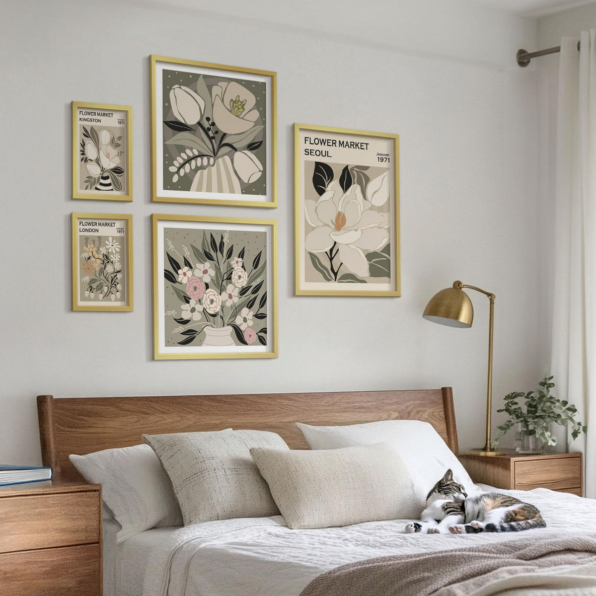 WANDBILDER 5er Set - 50x50 cm & 20x30 cm & 40x60 cm Goldrahmen - Retro-Blumen aus Städten rund um die Welt - Goldfarben, Kunststoff (40/60cm) - ArtPrintCave