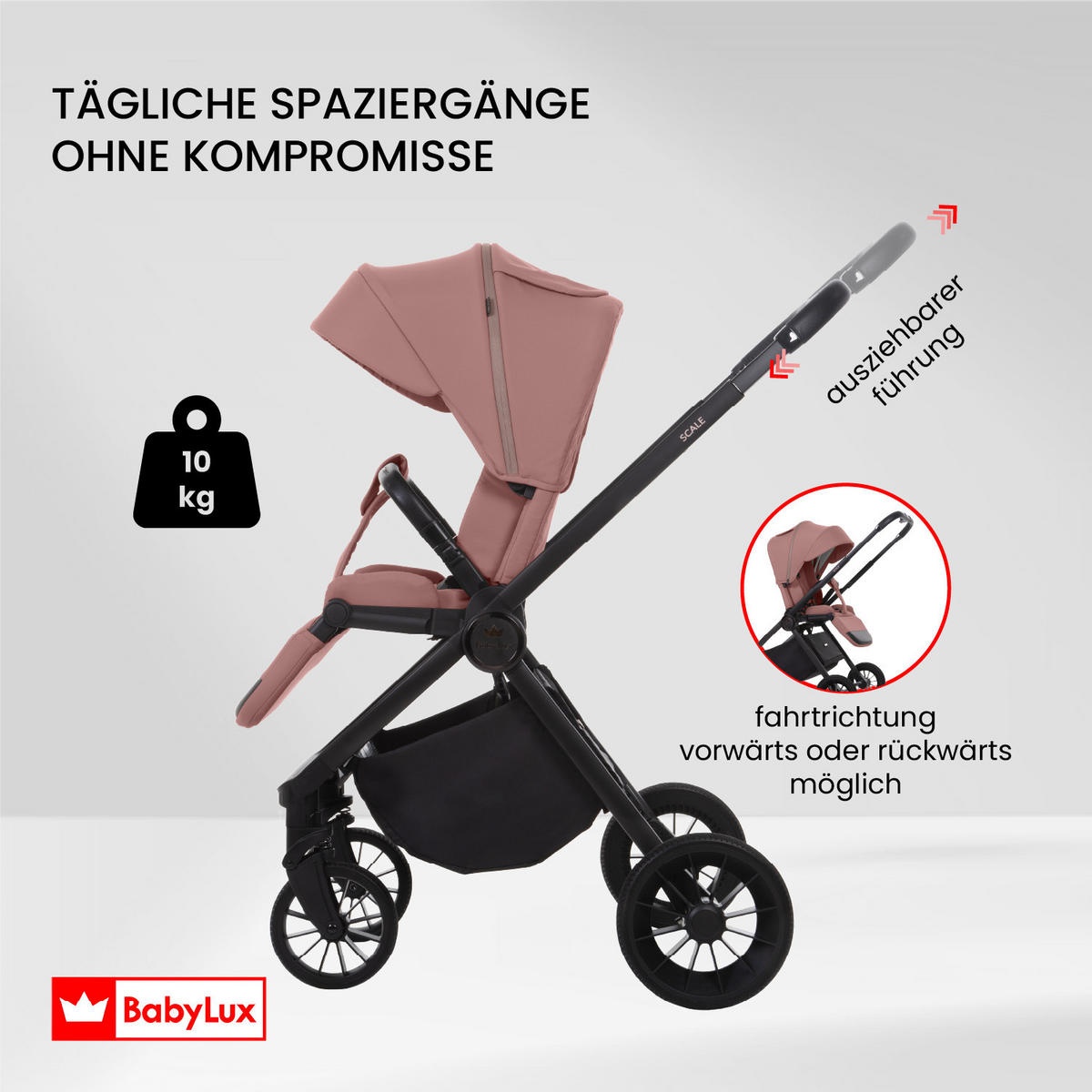 BUGGY Scale, Klein und Leicht, Teleskopische Führung, Kompakt Faltbar, Wickeltasche, Reisetasche - Schwarz/Rosa, Textil/Metall (58/100cm) - BabyLux