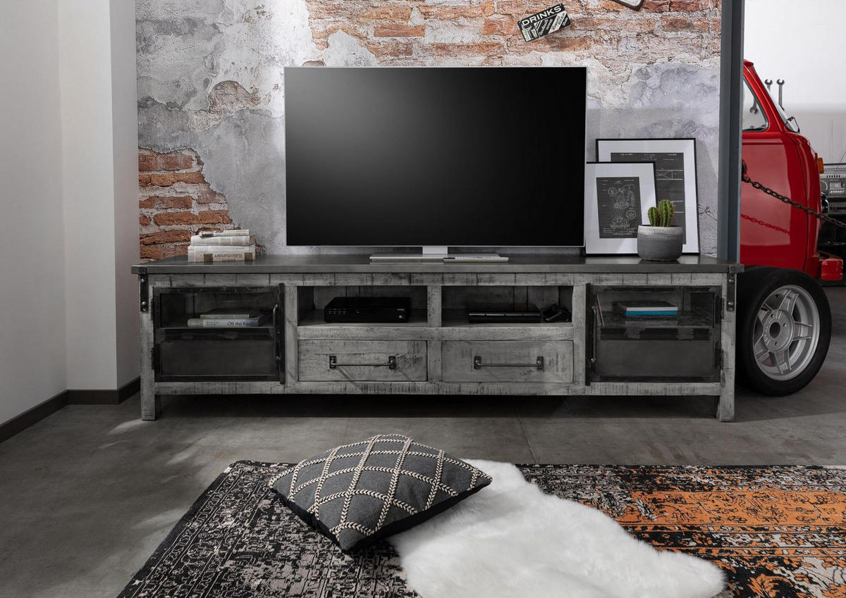 TV-BOARD Mango 220x40x60 grau lackiert HEAVY INDUSTRY #135 - Grau, Holz (220/60/40cm) - Massivmoebel24