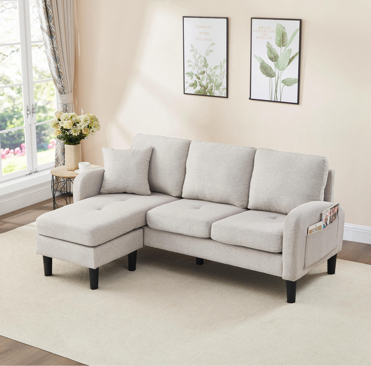 ECKSOFA L-Form 3-Sitzer mit Chaiselongue Baumwoll-Leinenstoff Beige Grau 166/118/77 cm - Beige, Kunststoff (166/118cm) - OKWISH