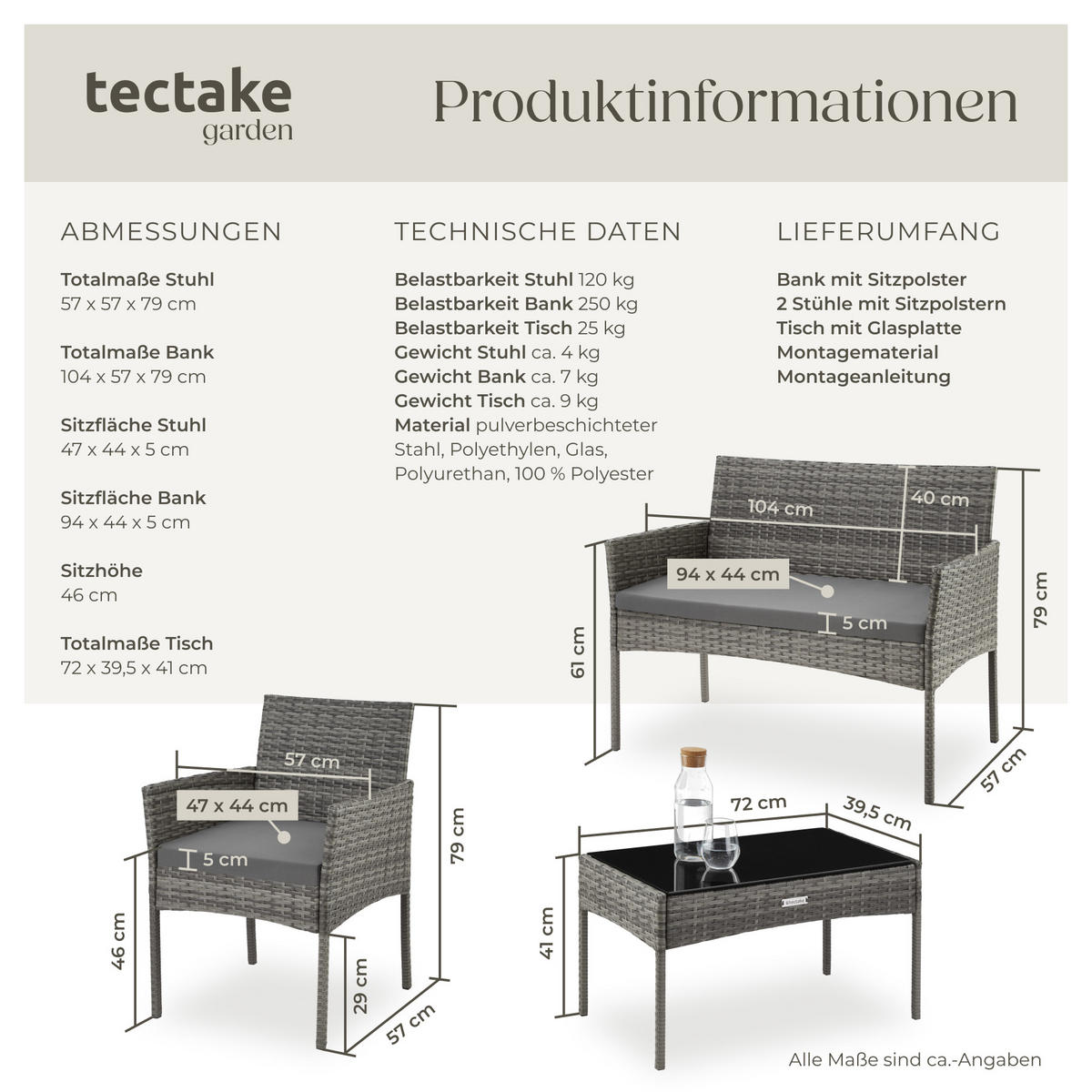 RATTAN GARTENSET Palese,Sofa 250 kg, je Sessel 120 kg,grau - Grau, Kunststoff - tectake