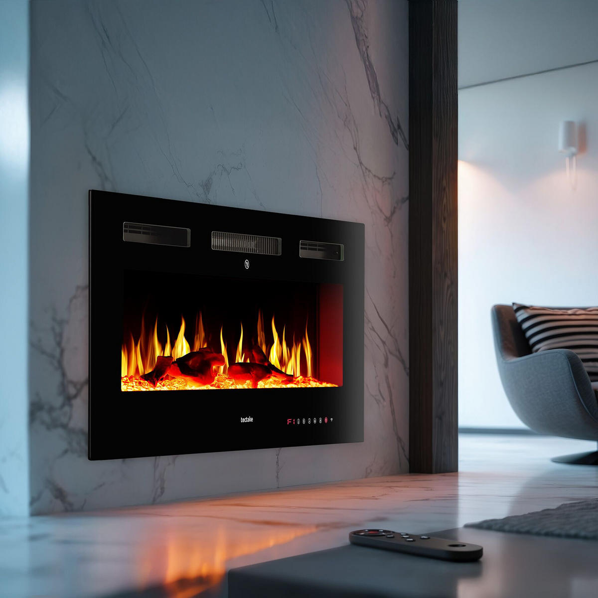 ELEKTRO-WANDKAMIN Luci,mit Fernbedienung und App-Steuerung, integriertes Thermostat,schwarz - Schwarz, Metall (91.5/43/12cm) - tectake