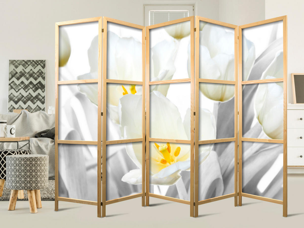 PARAVENT Japanischer 5-tlg 225x172 cm Wei e Blumen - Weiß, Holz/Textil (225/172/3cm) - Muralo