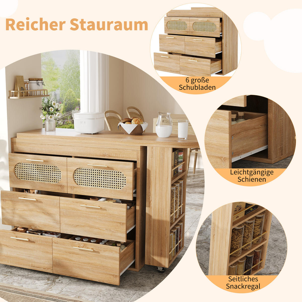 BARTISCH 128-203/39/90 cm drehbar mit 6 Schubladen, Ablagefach und Kippsicherung, MDF mit PE-Rattan, Natur - Naturfarben, Holzwerkstoff (39/203/90cm) - Redom