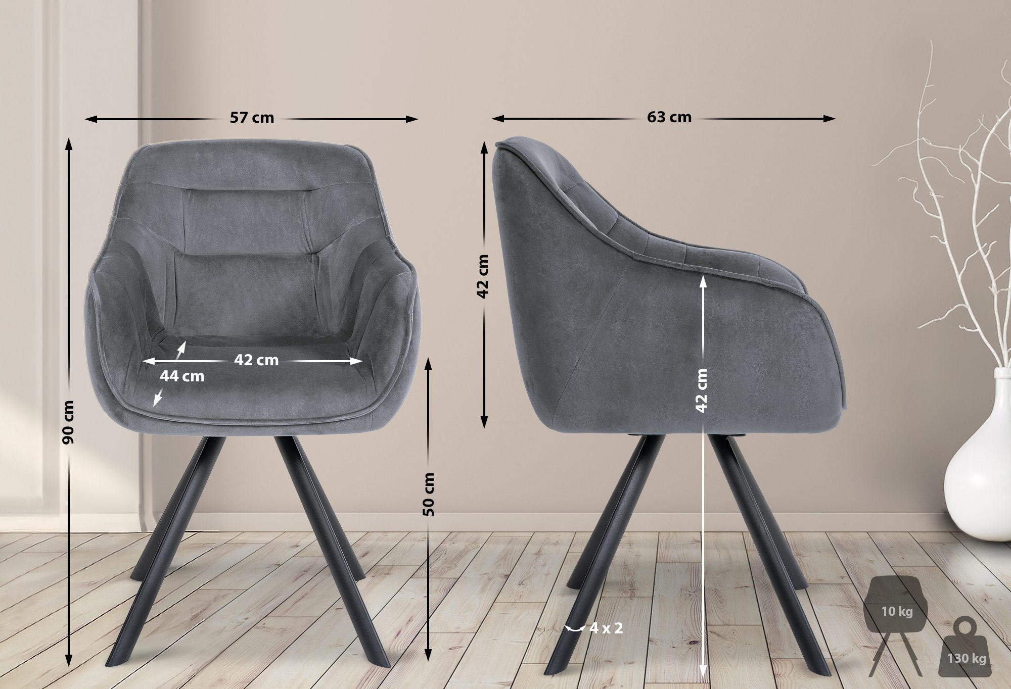 ARMLEHNENSTUHL Samt dunkelgrau - Dunkelgrau/Schwarz, Textil/Metall (57/90/63cm) - CLP